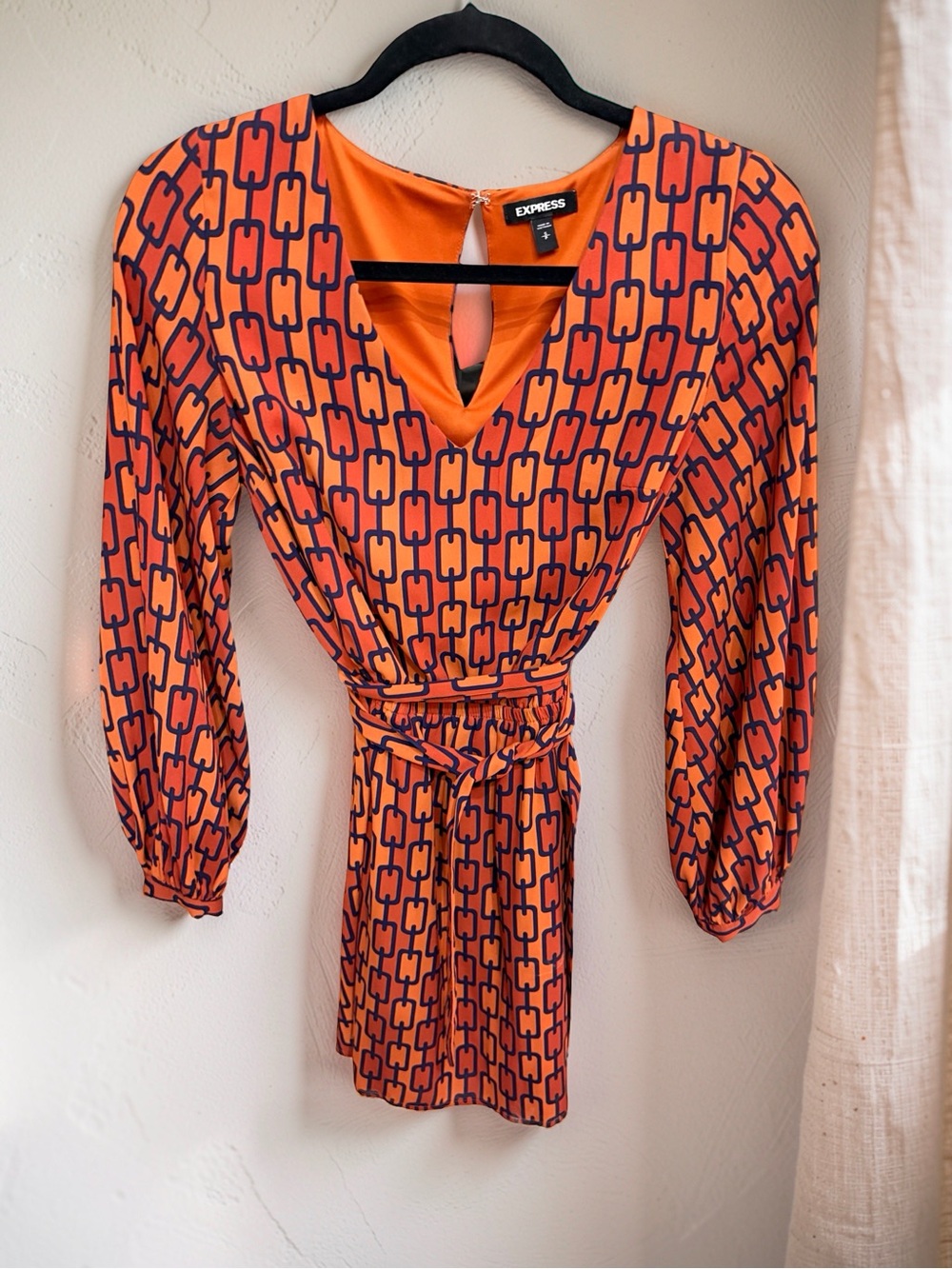 Express Orange and Navy Chain-Print Long-Sleeve Dress
